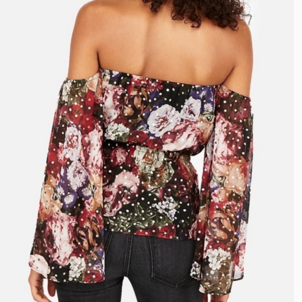 NWTOff-Shoulder Flounce-Sleeve Floral/Gold Dot Top - Picture 7 of 7
